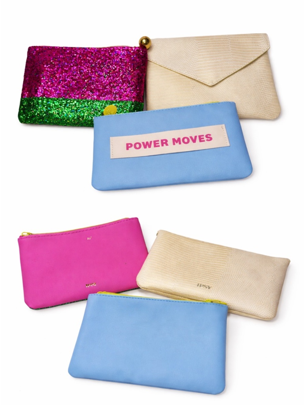 3-Piece Ipsy Makeup Bag Bundle – Glitter, Blue “Power Moves”, Gold Clutch